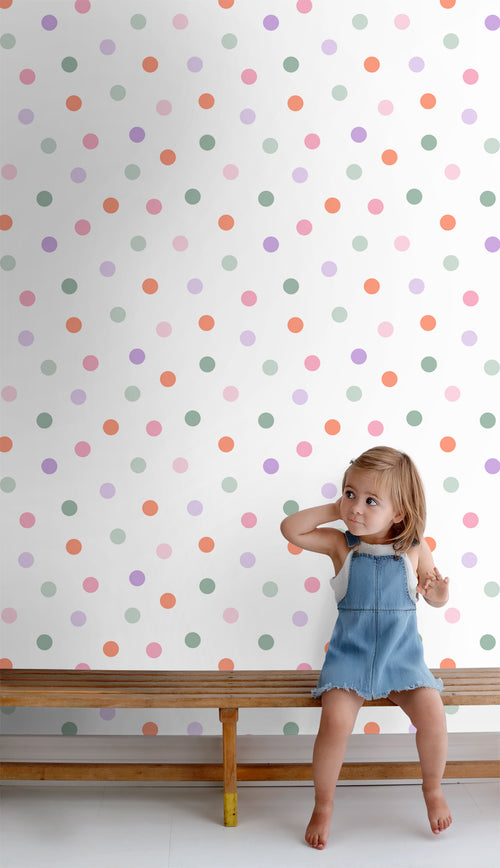 ESTAhome behang stip paars, oranje, roze en groen - 50 x 900 cm - 131622