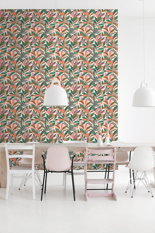 ESTAhome behang tropische bladeren turquoise, roze en oranje - 50 x 900 cm - 131044