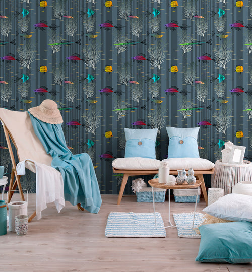 Walls4You behang vissen vergrijsd donker blauw en meerkleurig - 53 cm x 10 m - 640133