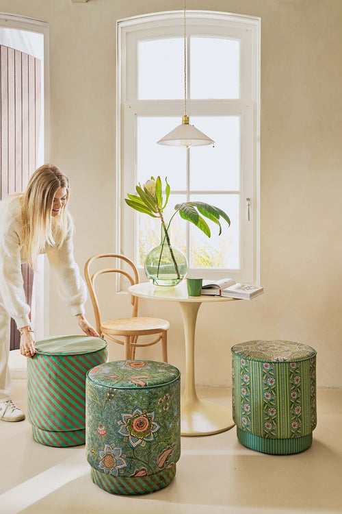 Pip Studio Poef Block Stripe Groen Fluweel 40 x 40 x 45 cm