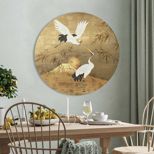 Reinders Japanese Cranebirds glasschilderij -  goud - woonkamer - Ø 70cm