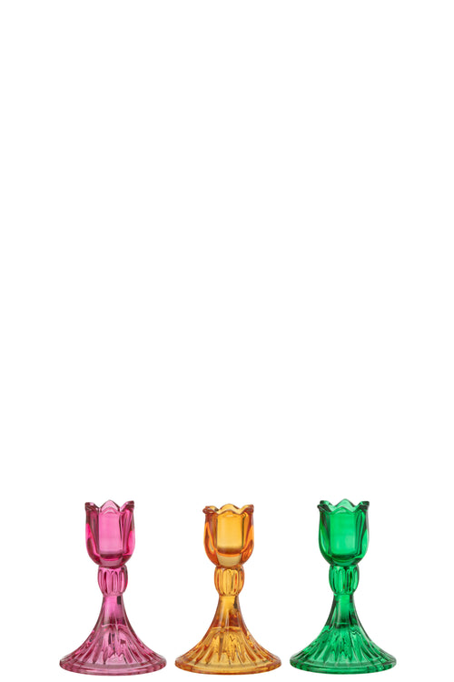 J-Line kandelaar Tulp - glas - mix - 3 stuks