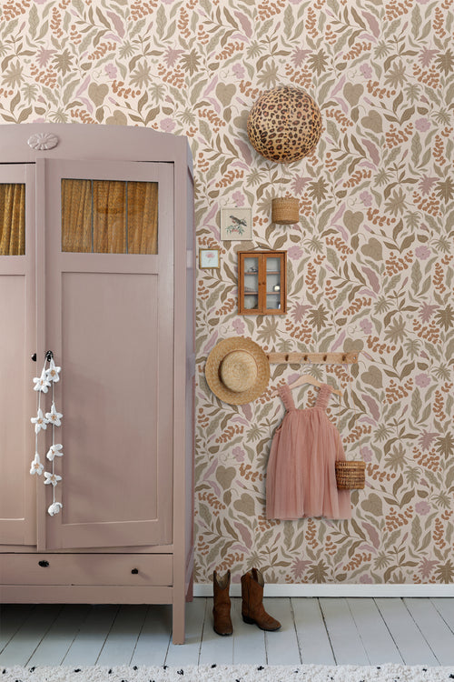 ESTAhome behang bladeren en bloemen warm beige, terracotta en paars - 50 x 900 cm - 131051 - vtwonen shop