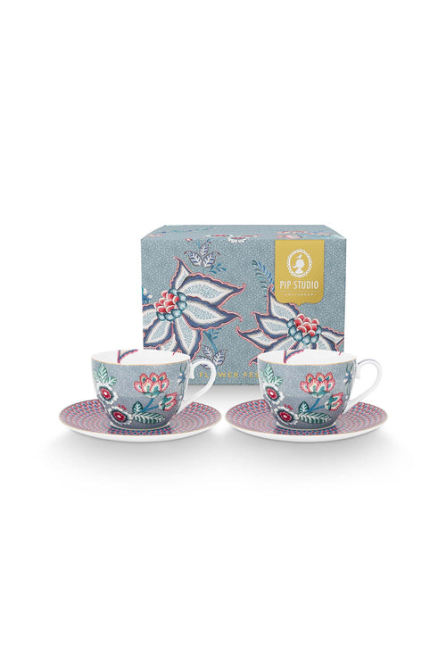 Pip Studio Flower Festival Kop en Schotel - Servies - Set van 2 - Lichtblauw - 280ml - vtwonen shop