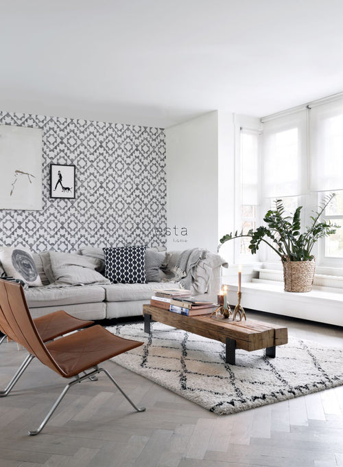 ESTAhome behang Marrakech aztec tapijt zwart en mat wit - 53 cm x 10.05 m - 148677
