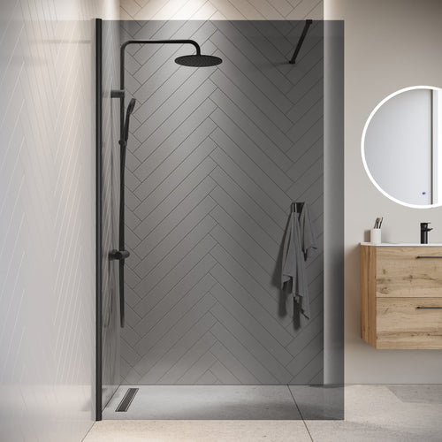 Badplaats Douchewand Rizani 140 x 200 cm – Zwart – Rookglas Inloopdouche 8 mm Veiligheidsglas