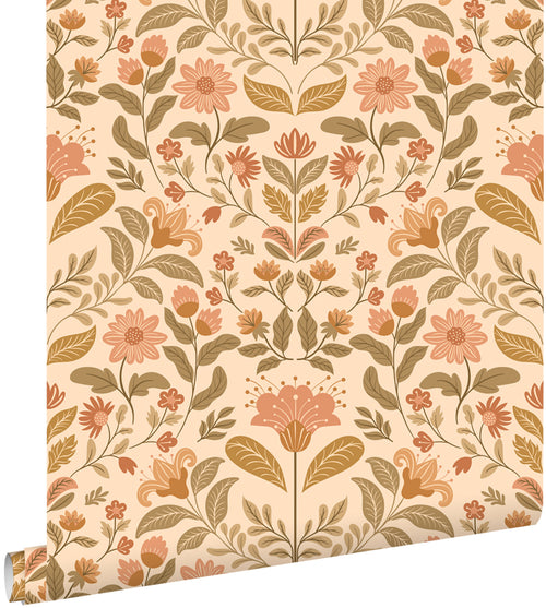 ESTAhome behang vintage bloemen warm beige en groen - 50 x 900 cm - 131897