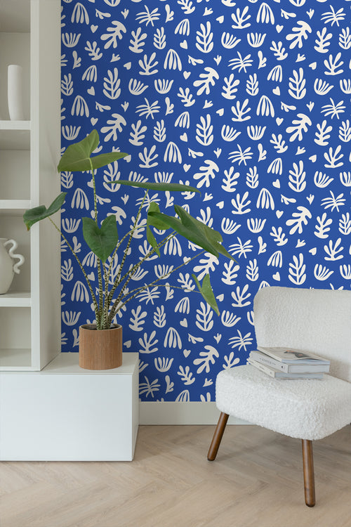 ESTAhome behang planten in Matisse stijl blauw en wit - 50 x 900 cm - 131020