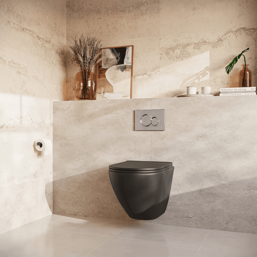 LOMAZOO hangtoiletset Linea - met inbouwreservoir & ronde drukplaat - rond - chroom / zwart