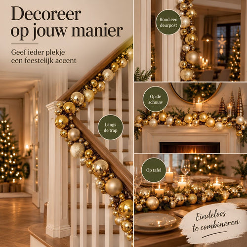 Mica Decorations Kerstslinger Goud 180 cm - Gouden Kerstslinger met Kerstballen - Kerstdecoratie voor Schouw, Trap of Kerstboom - Gemaakt van