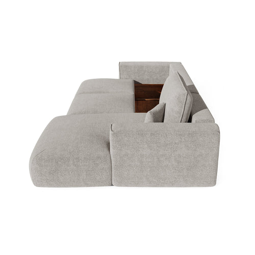 Premium Interiors - Rechthoekige hoekbank met slaapfunctie en opbergruimte COMO - bouclé-stof lichtgrijs 297cm