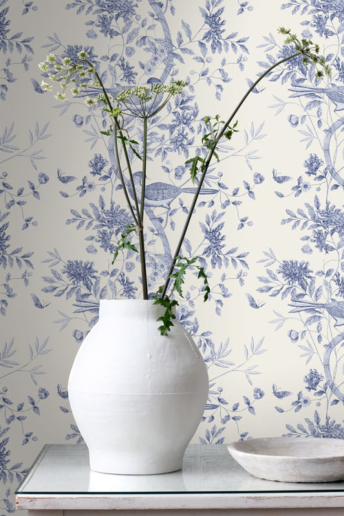 ESTAhome behang bloemen en vogels delfts blauw - 50 x 900 cm - 132115