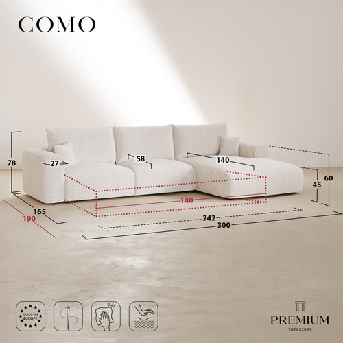 Premium Interiors - Rechthoekige hoekbank met snelle slaapfunctie COMO - bouclé-stof crème 300cm