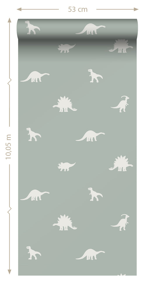 ESTAhome behang dinosaurussen vergrijsd mintgroen - 53 cm x 10.05 m - 139284