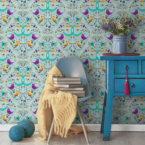 Walls4You behang vogels turquoise, oranje en paars - 53 cm x 10 m - 640128