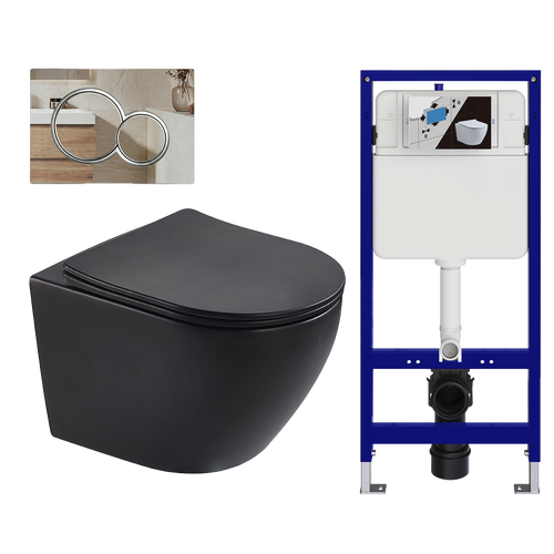 LOMAZOO hangtoiletset Linea - met inbouwreservoir & ronde drukplaat - rond - chroom / zwart