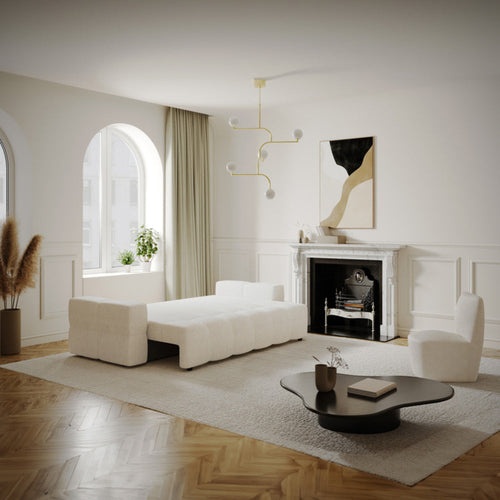 Sia Home - Slaapbank met opbergruimte, notenhout GABRIEL - bouclé-stof crème 247cm