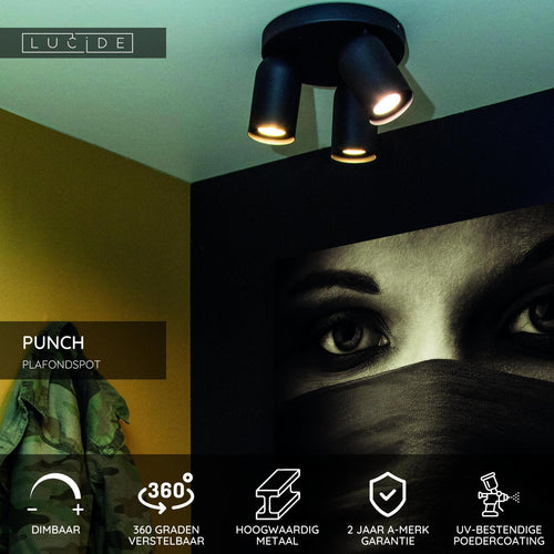 Lucide plafondspot PUNCH - 3xGU10 - Zwart