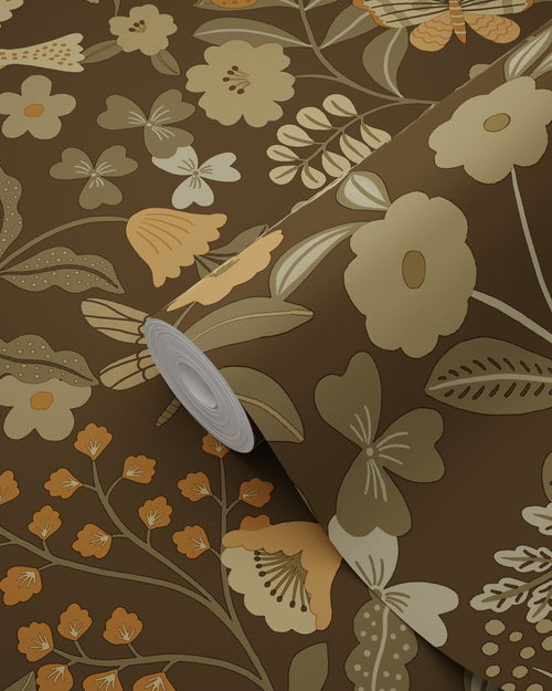 ESTAhome behang bloemen en vogels vergrijsd groen, bruin en okergeel - 50 x 900 cm - 131466 - vtwonen shop