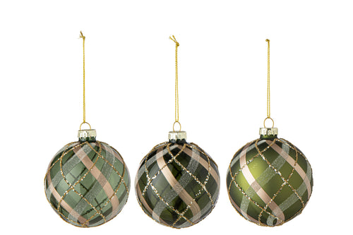 J-Line Kerstbal met ruitmotief - glas - groen/goud - small - assortiment van 3