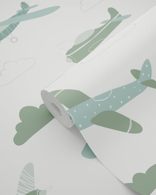 ESTAhome behang vliegtuigen vergrijsd groen en blauw - 50 x 900 cm - 139804 - vtwonen shop