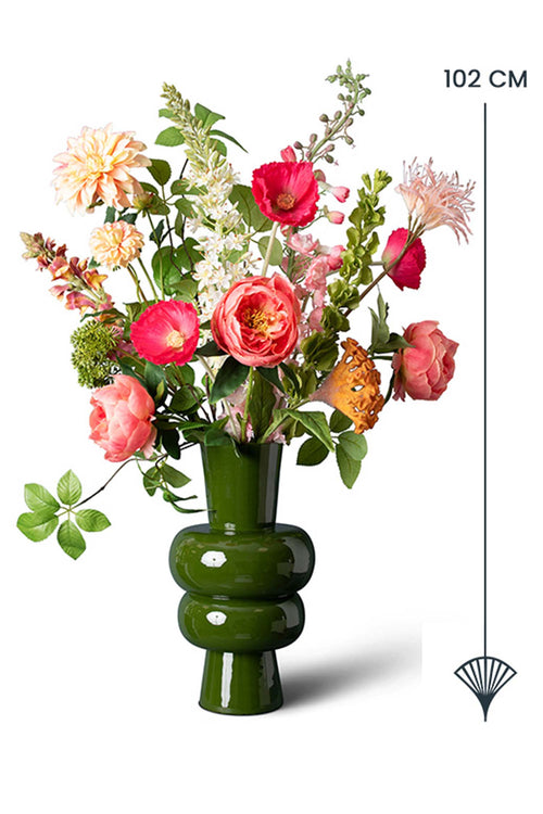 Madame Fleurie Hygge Mossgreen Boeket inclusief Vaas – Luxe Zijden bloemen in Warme Koraaltinten - 24cm x 40cm