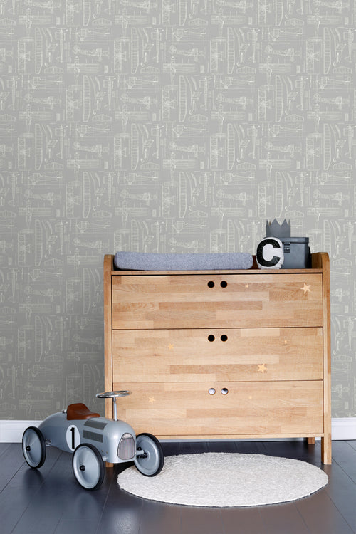 ESTAhome behang constructietekeningen van vliegtuigen taupe - 53 cm x 10.05 m - 128811
