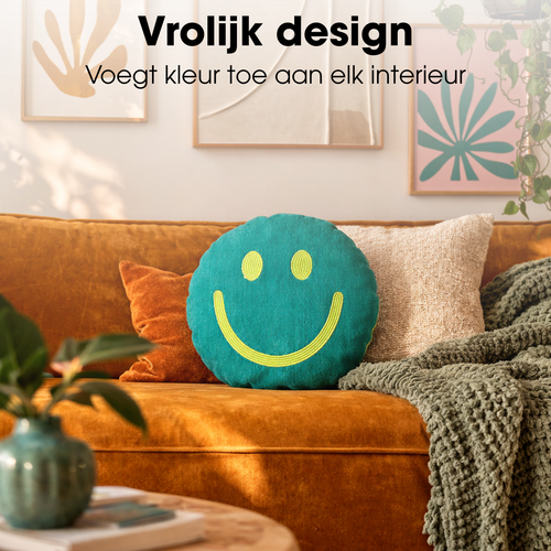 Mica Decorations Smiley Sierkussen - Kussen met Kussenhoes - Woondecoratie Woonkamer - Ø45 x 10 cm - Katoen, Polyester - Groen