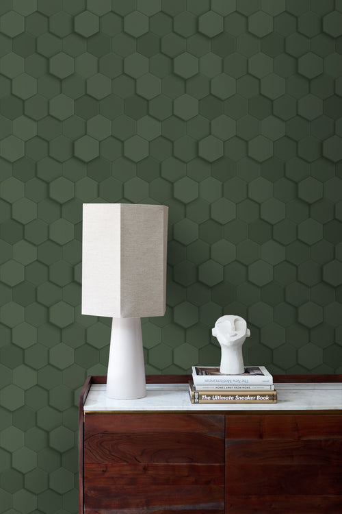 Origin Wallcoverings behang 3d hexagon motief donkergroen - 53 cm x 10.05 m - 347852 - vtwonen shop
