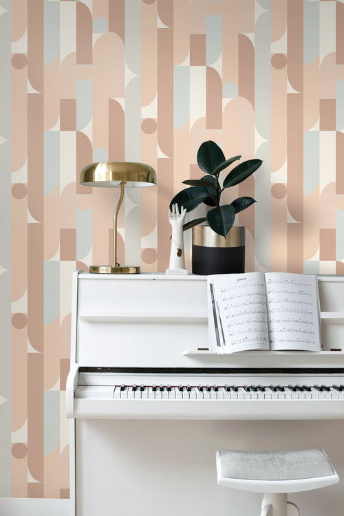 ESTAhome behang geometrische vormen bruin en lichtgroen - 50 x 900 cm - 131058 - vtwonen shop