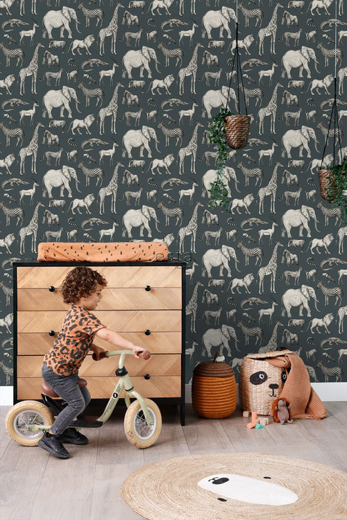 ESTAhome behang jungle dieren vergrijsd blauw en grijs - 53 cm x 10.05 m - 139272