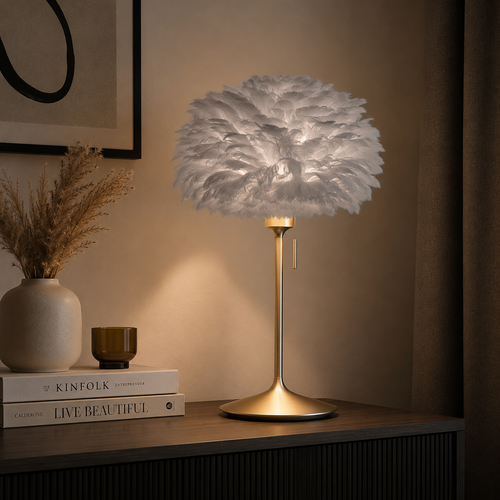 Umage Sante tafellamp brushed brass met usb en Eos mini light grey lampenkap