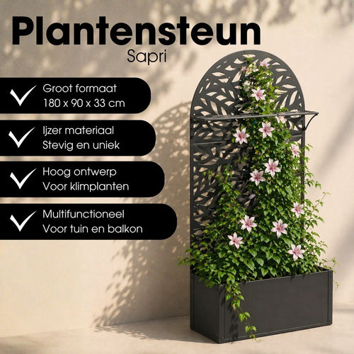 Mica Decorations Sapri Plantensteun - Plantenbak met Klimrek voor Klimplanten - Plantenstandaard Vrijstaand of tegen Muur - 90 x 33 x 180 cm - Zwart