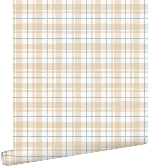 ESTAhome behang ruitjes beige en blauw - 50 x 900 cm - 131947