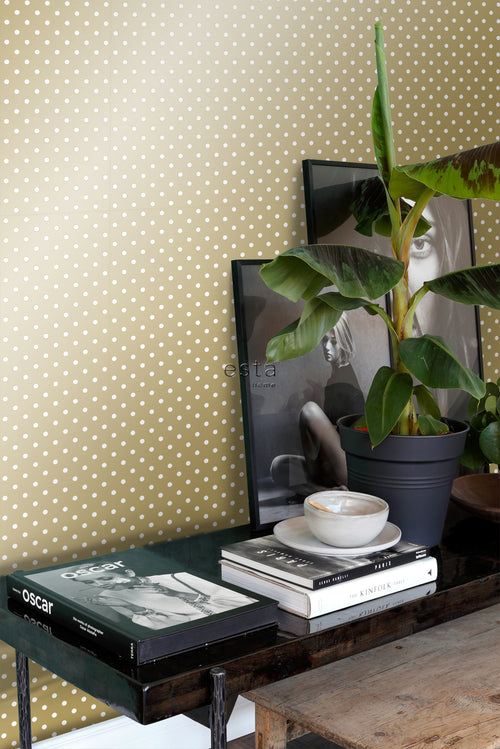 ESTAhome behang stippen glanzend goud en wit - 53 cm x 10.05 m - 139114