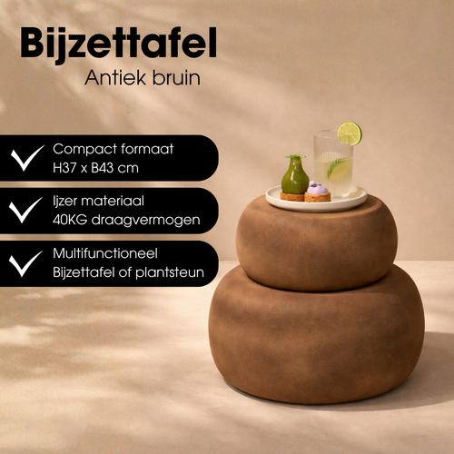 Mica Decorations Zea Bijzettafel - Bijzettafeltje Rond - Woonkamer Decoratie - 37 x 43 cm - IJzer, MDF, Fluweel - Bruin Antiek