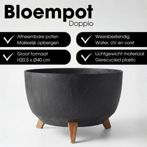 Mica Decorations Doppio Plantenbak op Poten - 20,5 x Ø40 cm - Plantenbakken voor Buiten - Bloembakken voor Balkon - Gerecycled Plastic - Zwart