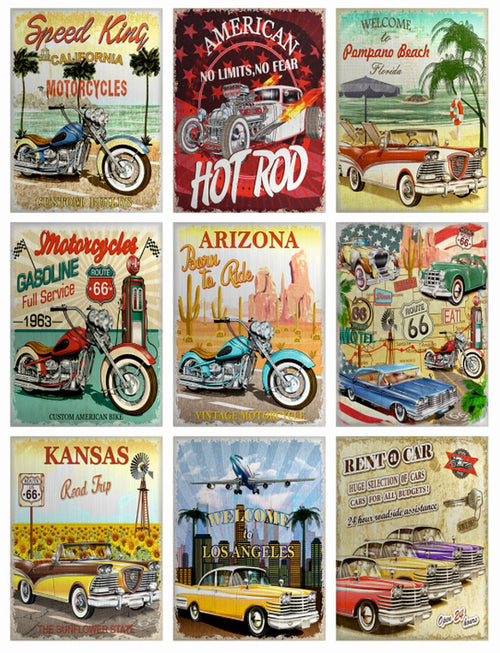 Sanders & Sanders muursticker vintage auto's rood, geel en lichtblauw - 85 x 65 cm - 600281