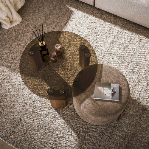 Giga Living Salontafel Tinto - Rond Brons Glas - Incl. Poef - Set van 2