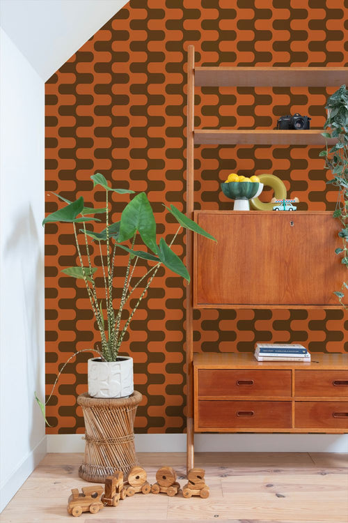 ESTAhome behang golvende lijnen oranje en bruin - 50 x 900 cm - 132139