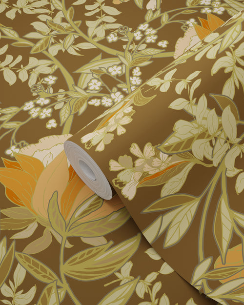 ESTAhome behang vintage bloemen in art nouveau stijl groen en oranje - 50 x 900 cm - 131730