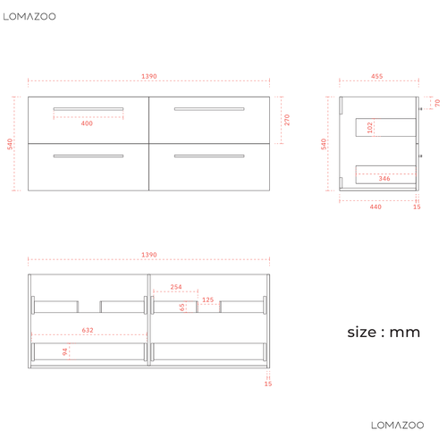 LOMAZOO badmeubelset Navero - met hoge kast & witte wastafel - licht eiken - 140 cm