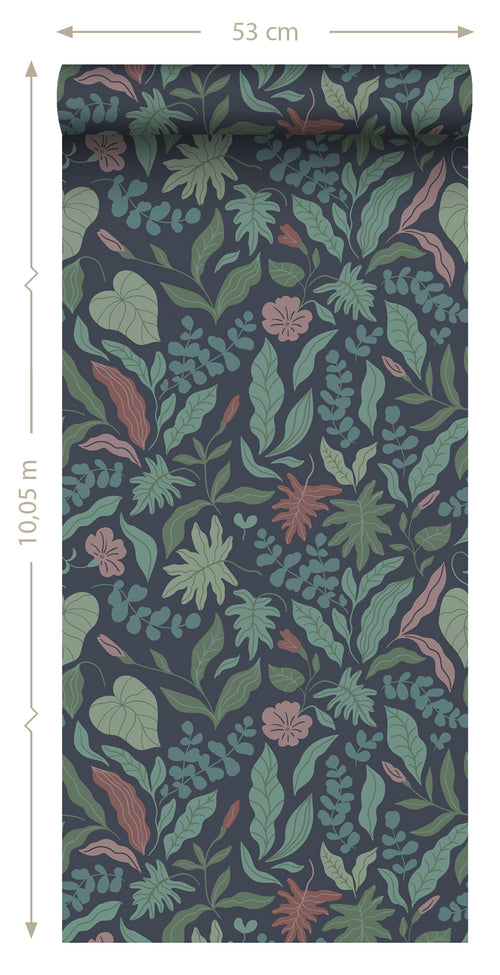 ESTAhome behang bladeren en bloemen donkerblauw, groen en roze - 50 x 900 cm - 131054 - vtwonen shop