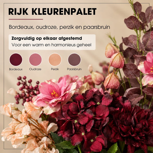 Mica Decorations Cassy Boeket Roze met 18 Stelen - Kunstboeket van Polyester in Roze en Bordeaux Tinten - Bloemenboeket voor Vaas of Dressoir - Lengte