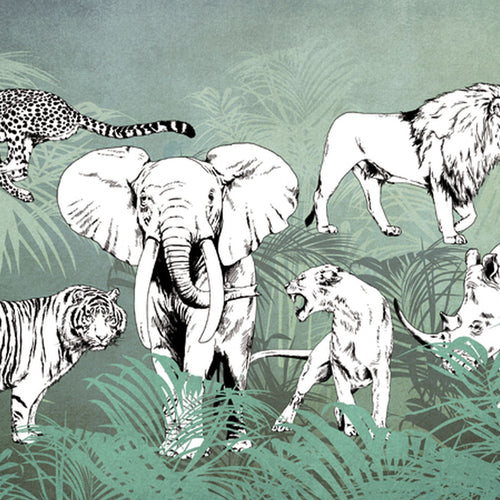 Sanders & Sanders fotobehang jungle dieren blauw, groen en zwart wit - 424 x 280 cm - 640893