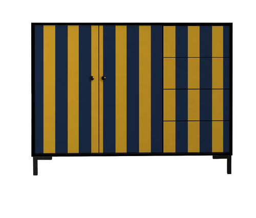 Laag dressoir van MDF met verticaal streeppatroon in geel- en blauwtinten