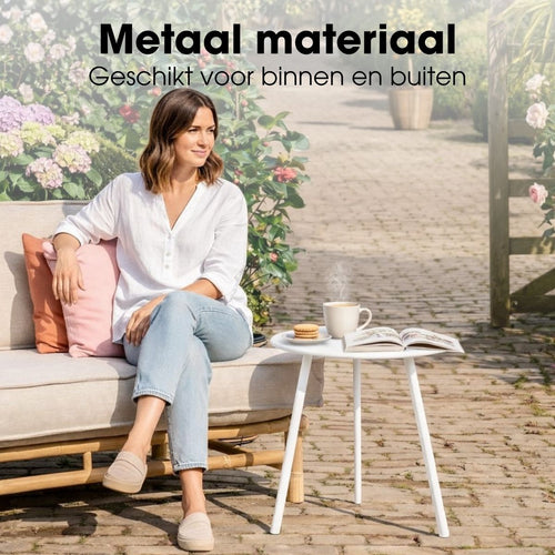 MMica Decorations Seatle Bijzettafel voor Buiten - Salontafel Rond - Plantentafel en Koffietafel - H45 x D38 cm - IJzer - Wit