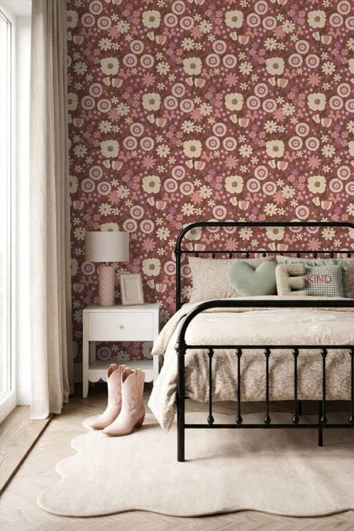 ESTAhome behang retro bloemen aubergine paars en roze - 50 x 900 cm - 132162