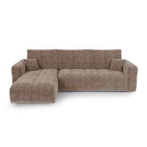 Premium Interiors - Linkshoekbank met slaapfunctie en opbergruimte VIBE - zacht aanvoelende geweven stof bruin 286cm