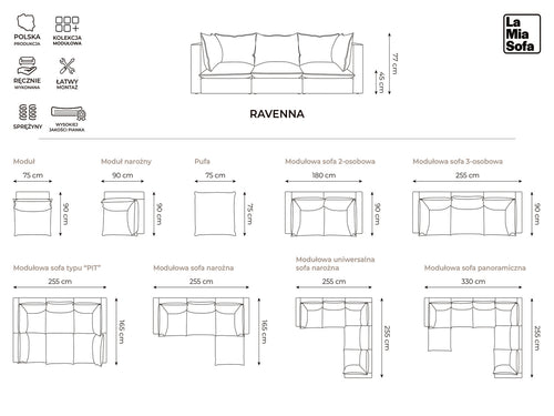 LaMiaSofa hoekbank links Ravenna - velours - lichtbeige - 255x165x77